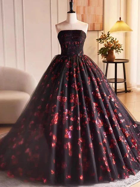Black and Red Tulle Off-the-Shoulder A-line Scoop Party Dress Prom Dress
