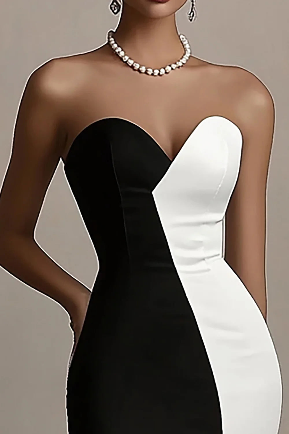 Black and White Satin With Slit Sheath Strapless Long Evening Dress Black and White Party Dress