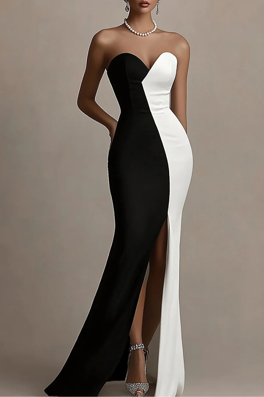 Black and White Satin With Slit Sheath Strapless Long Evening Dress Black and White Party Dress