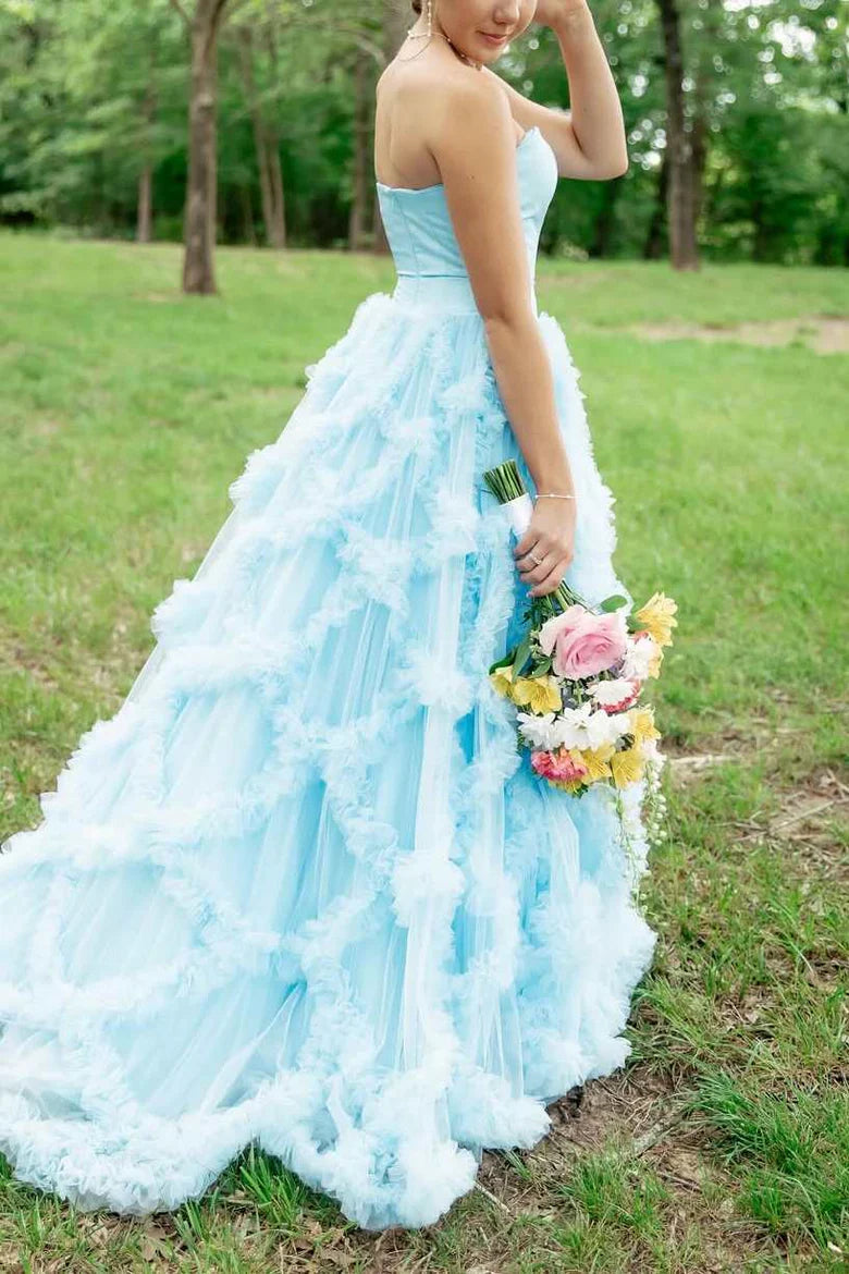 Blue A-Line Strapless Empire-Waist Sleeveless Ruffles Long Prom Dress