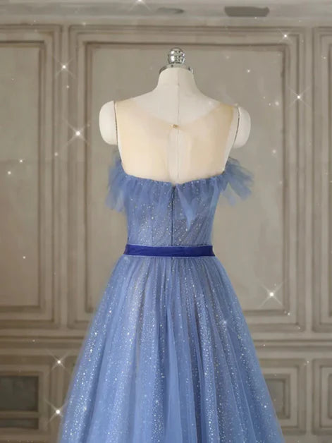 Blue A-line Tulle Long Off-the-Shoulder Party Dress Floor Length Prom Dress