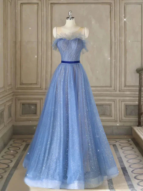 Blue A-line Tulle Long Off-the-Shoulder Party Dress Floor Length Prom Dress