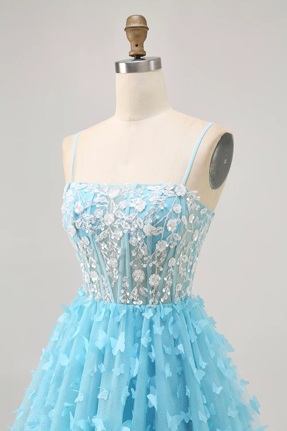 Blue A Line Sequins With Appliques Butterfly Corset Spaghetti Straps Short Homecoming Dress Party Dress