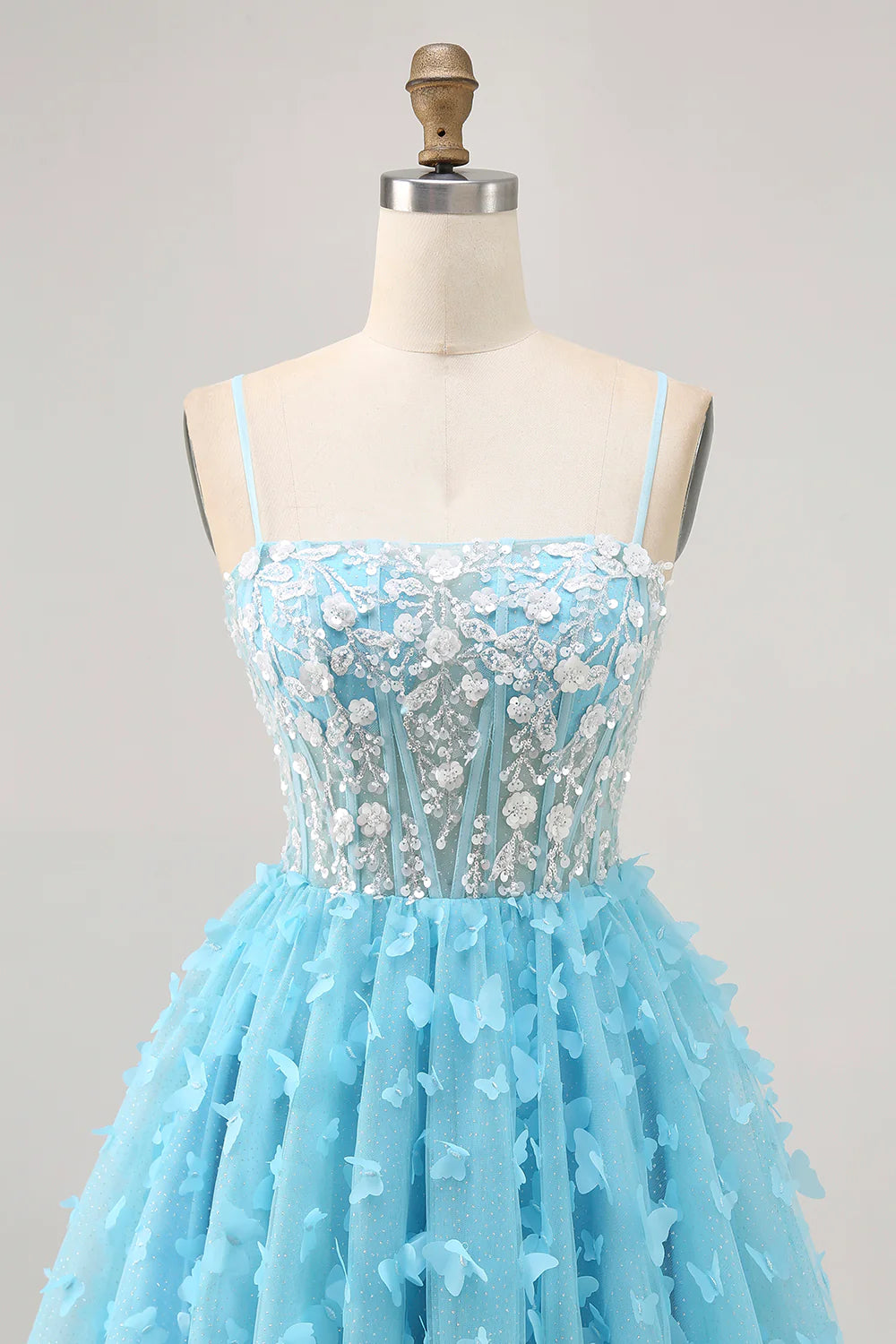 Blue A Line Sequins With Appliques Butterfly Corset Spaghetti Straps Short Homecoming Dress Party Dress