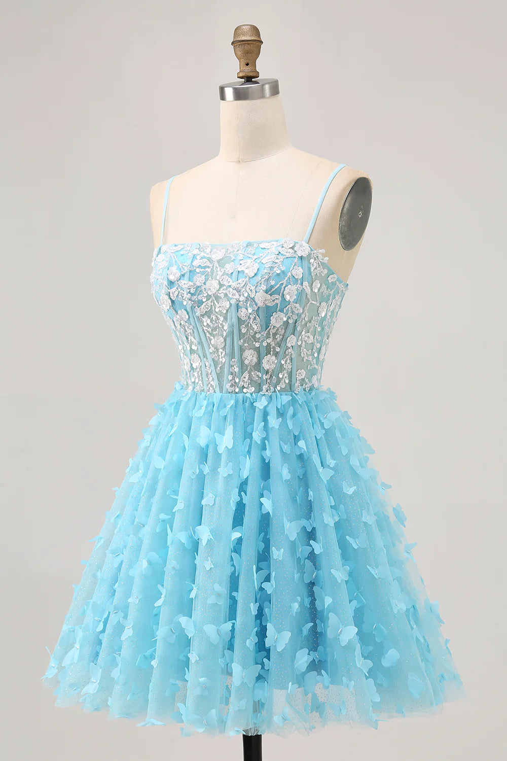 Blue A Line Sequins With Appliques Butterfly Corset Spaghetti Straps Short Homecoming Dress Party Dress