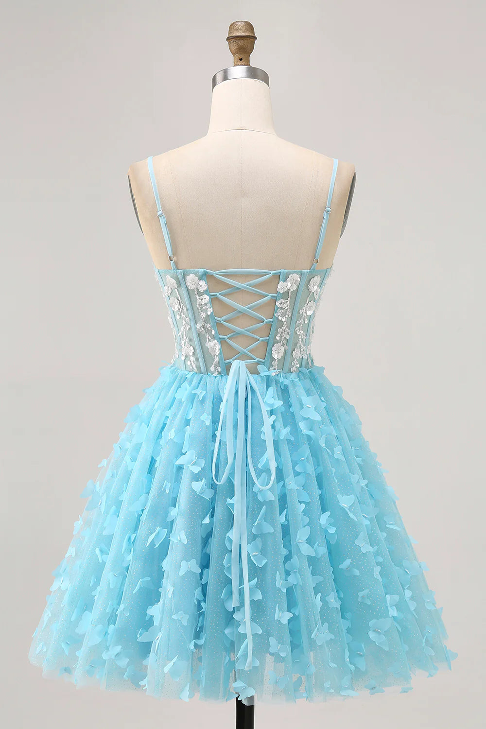 Blue A Line Sequins With Appliques Butterfly Corset Spaghetti Straps Short Homecoming Dress Party Dress