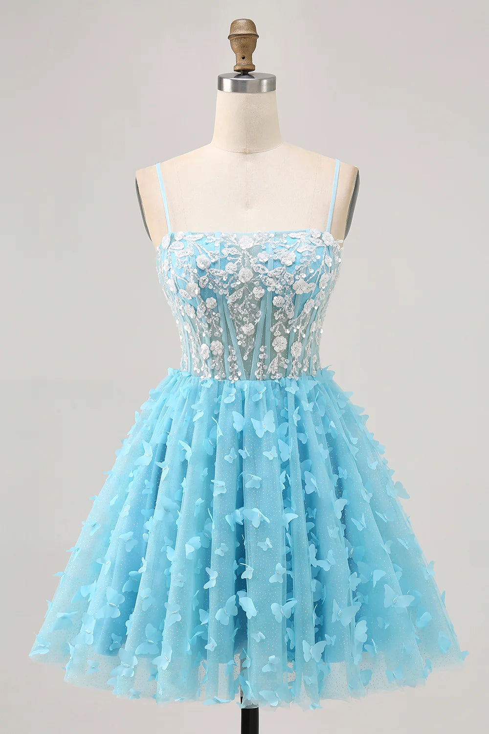 Blue A Line Sequins With Appliques Butterfly Corset Spaghetti Straps Short Homecoming Dress Party Dress