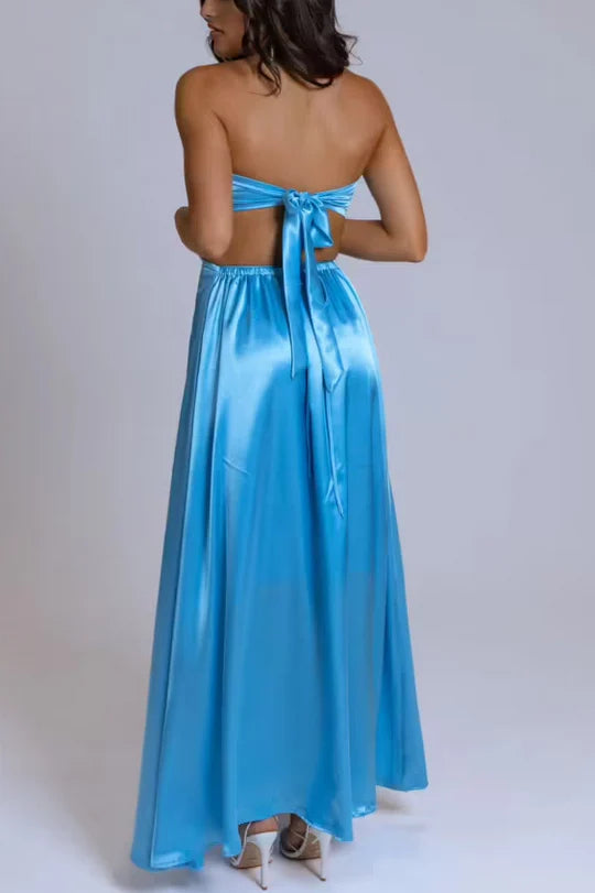 Blue Backless Strapless A-Line Scoop Pleats Satin Long Party Prom Dress