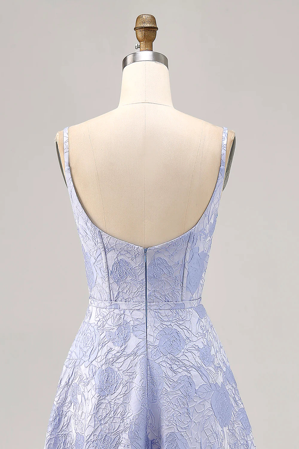Blue Brocade Floral Print V Neck Spaghetti Straps A-Line Corset Long Prom Dress with Slit