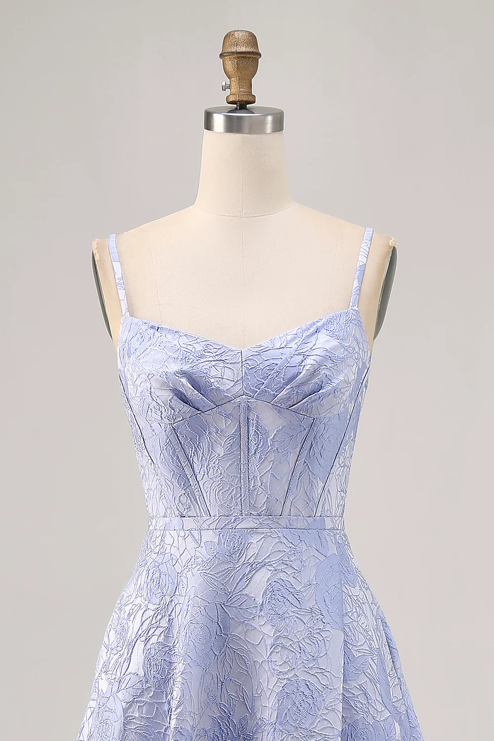 Blue Brocade Floral Print V Neck Spaghetti Straps A-Line Corset Long Prom Dress with Slit