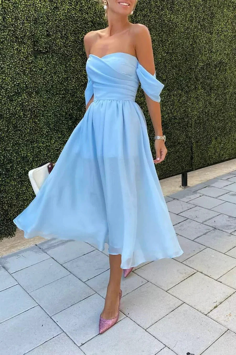 Discount Blue Chiffon Pleated Off the Shoulder Short Prom Dress A-Line Blue Homecoming Dress