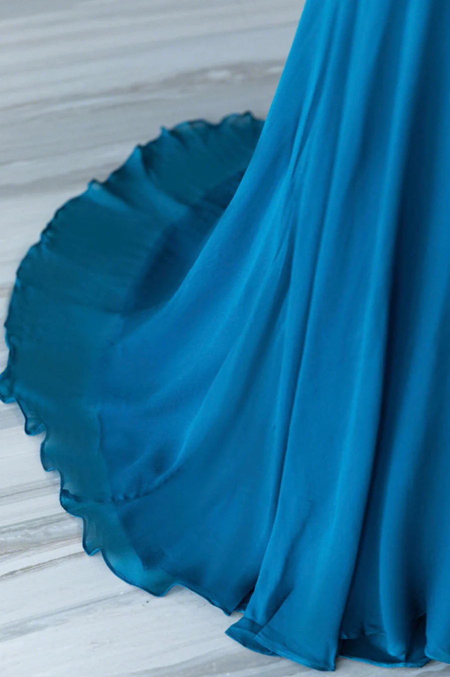 Blue Chiffon Pleated V Neck Long A-Line Prom Dress Floor Length Evening Dress Party Dress