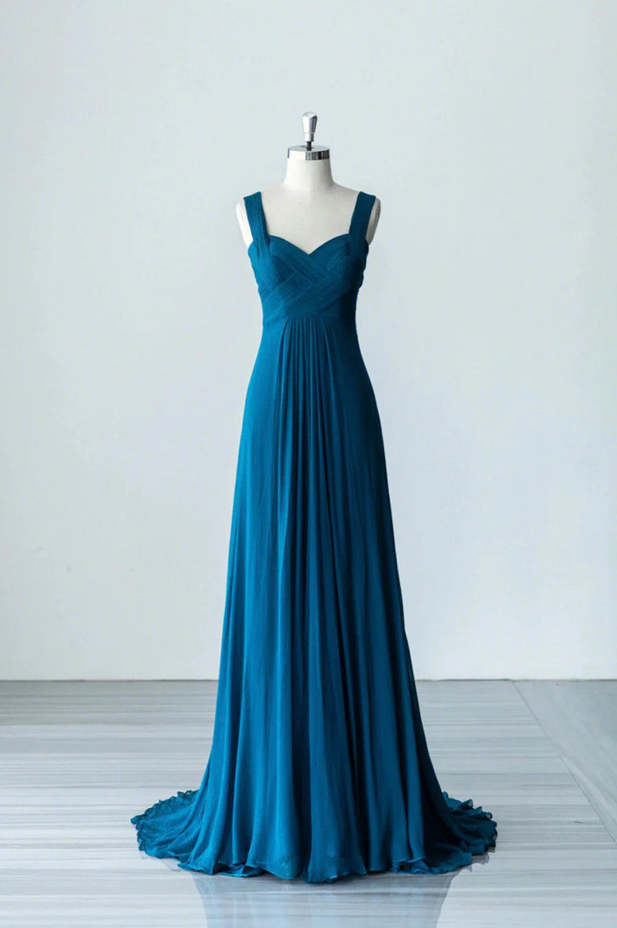 Blue Chiffon Pleated V Neck Long A-Line Prom Dress Floor Length Evening Dress Party Dress