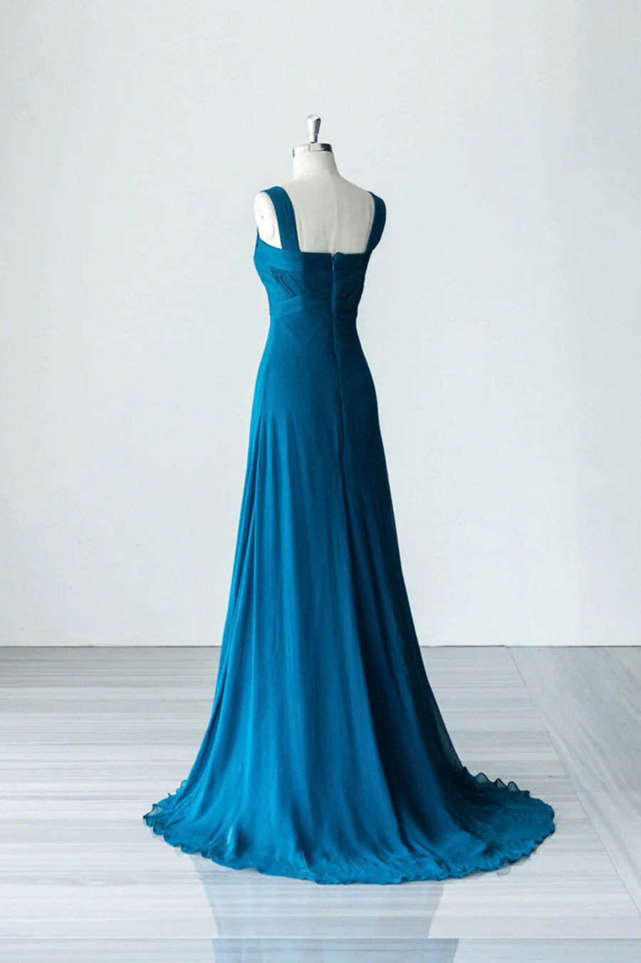 Blue Chiffon Pleated V Neck Long A-Line Prom Dress Floor Length Evening Dress Party Dress