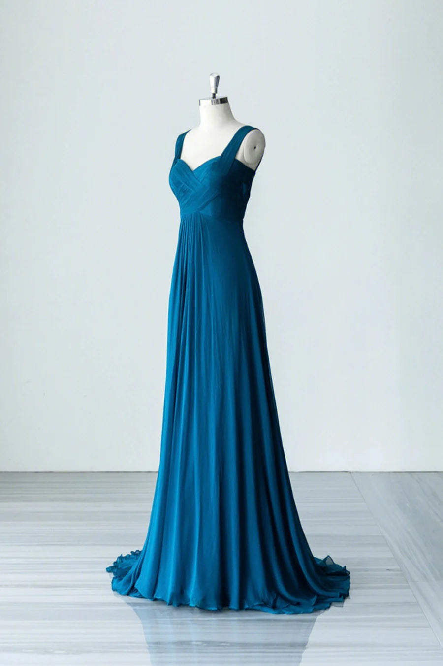 Blue Chiffon Pleated V Neck Long A-Line Prom Dress Floor Length Evening Dress Party Dress
