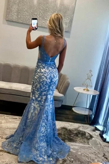 Classy Blue Lace Trumpet Appliques Straps Long With Bow Prom Dresses