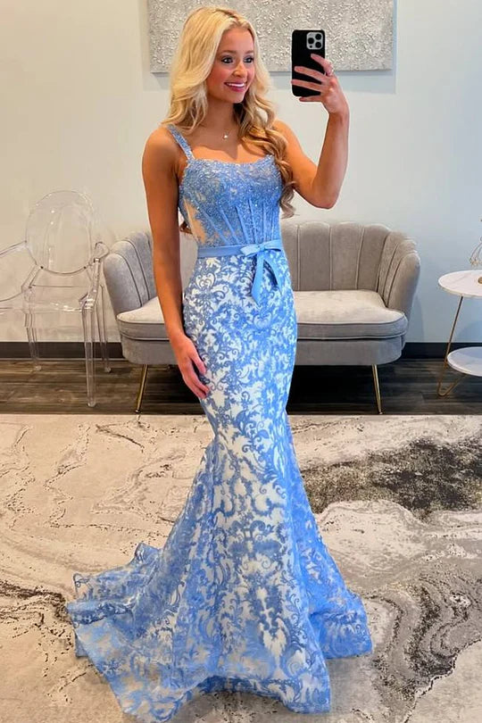 Classy Blue Lace Trumpet Appliques Straps Long With Bow Prom Dresses