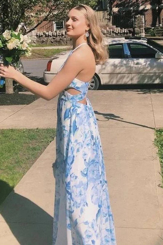 Blue Cute Halter A-Line Printing Lace-Up Long Formal Prom Dress