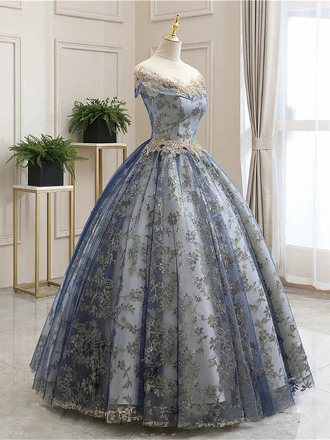 Blue Floor Length Tulle Lace Applique Short Sleeve A-Line Ball Gown