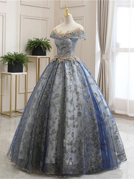 Blue Floor Length Tulle Lace Applique Short Sleeve A-Line Ball Gown