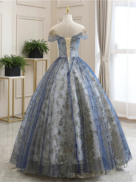 Blue Floor Length Tulle Lace Applique Short Sleeve A-Line Ball Gown