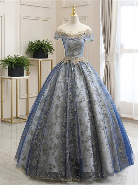 Blue Floor Length Tulle Lace Applique Short Sleeve A-Line Ball Gown