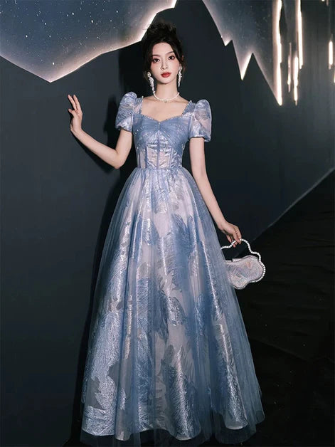 Blue Floral A-line With Beaded Short Sleeves Party Dress Prom Dress Evening Dress