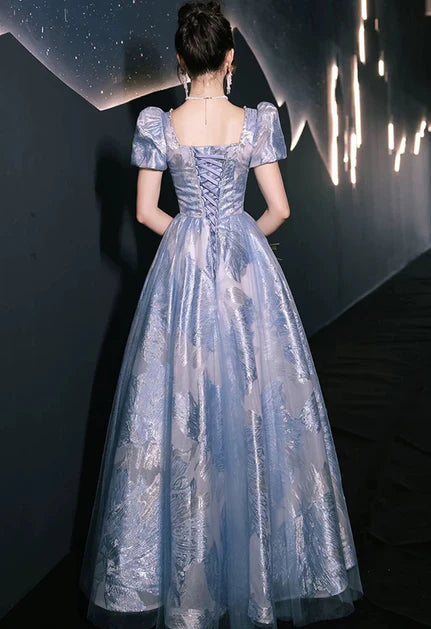 Blue Floral A-line With Beaded Short Sleeves Party Dress Prom Dress Evening Dress