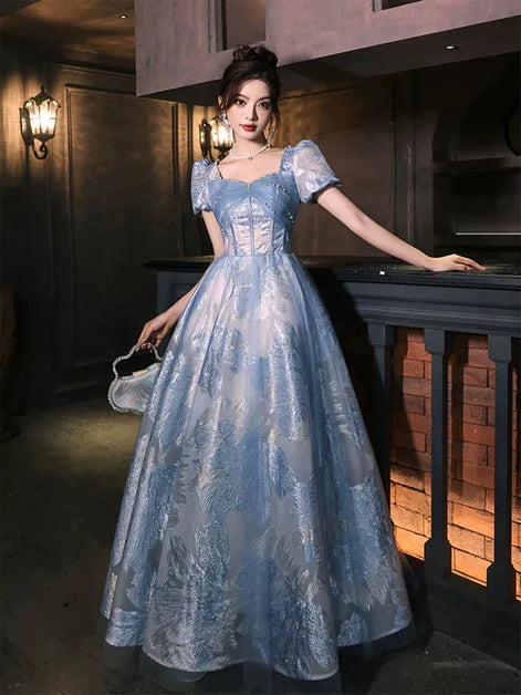 Blue Floral A-line With Beaded Short Sleeves Party Dress Prom Dress Evening Dress