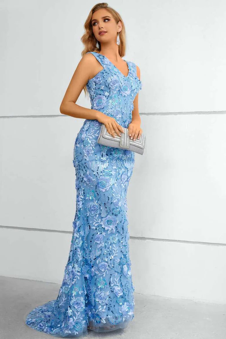 Blue Lace 3D Floral Straps V-Neck Mermaid Long Prom Dress Evening Dress