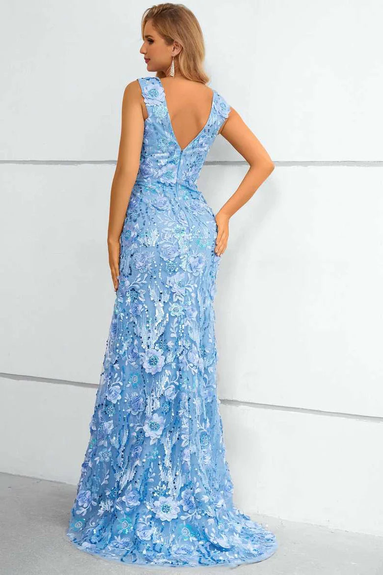 Blue Lace 3D Floral Straps V-Neck Mermaid Long Prom Dress Evening Dress