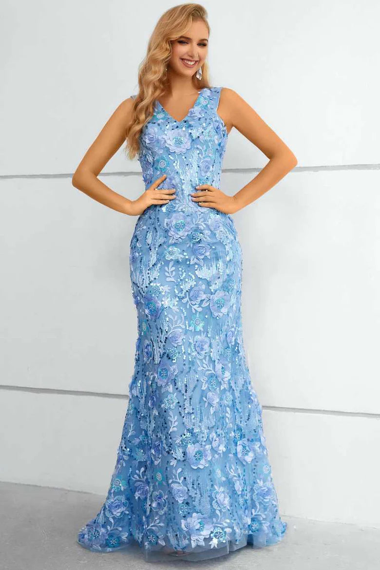 Blue Lace 3D Floral Straps V-Neck Mermaid Long Prom Dress Evening Dress