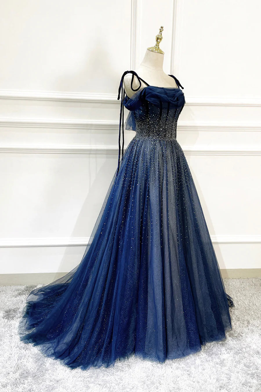 Blue Long Tulle Sequins Spaghetti Straps Prom Dress Evening Party Dress