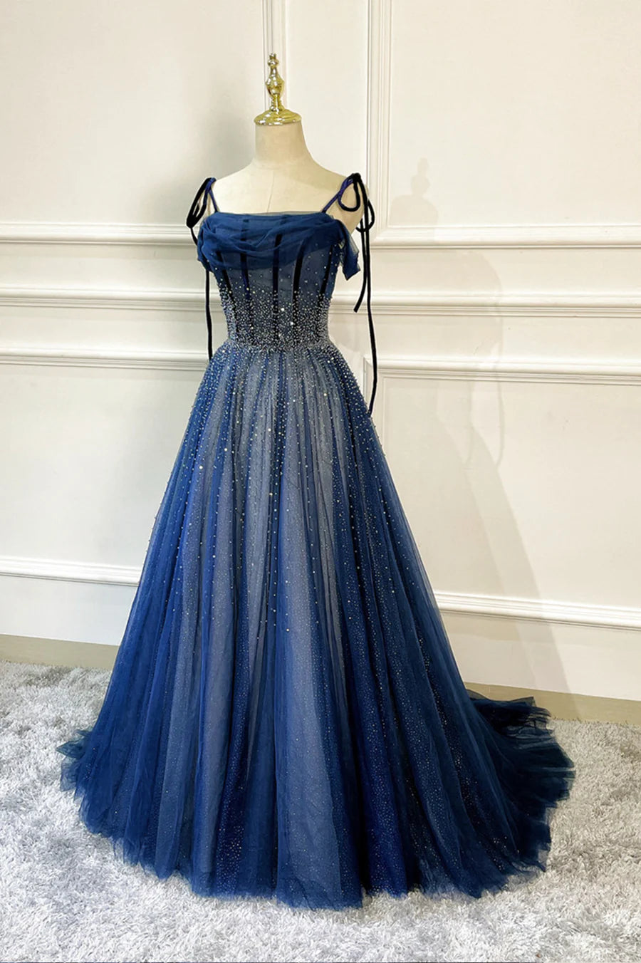 Blue Long Tulle Sequins Spaghetti Straps Prom Dress Evening Party Dress