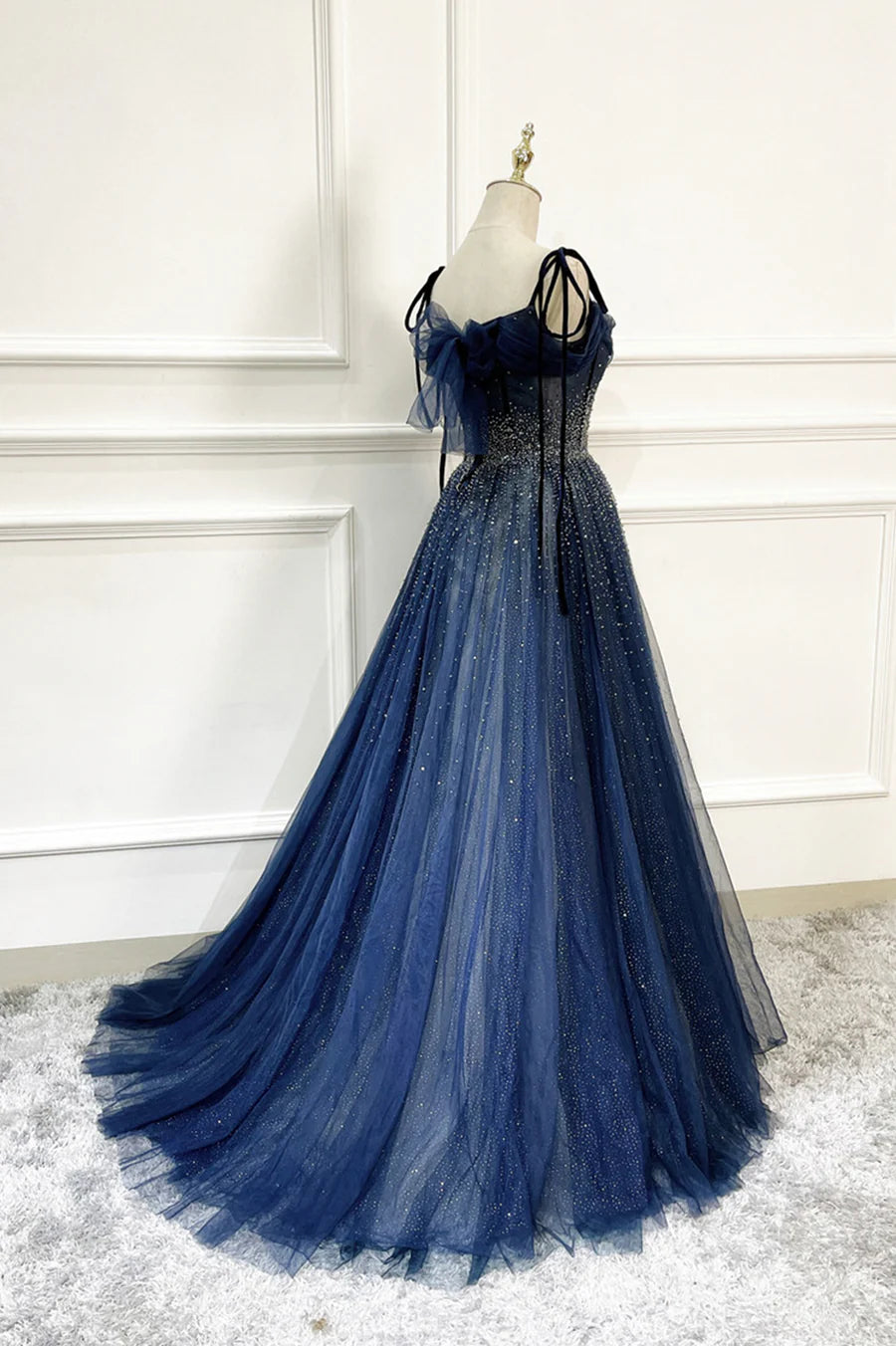 Blue Long Tulle Sequins Spaghetti Straps Prom Dress Evening Party Dress
