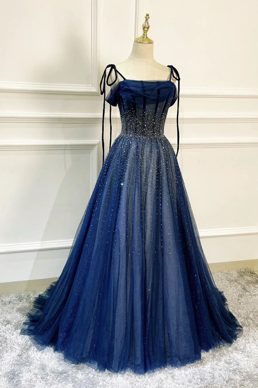 Blue Long Tulle Sequins Spaghetti Straps Prom Dress Evening Party Dress