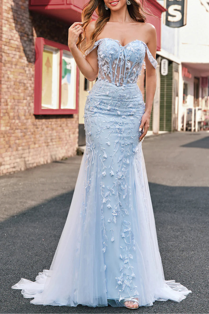 Blue Mermaid Sequins Applique Sweetheart Collar Off the Shoulder Corset Prom Dress