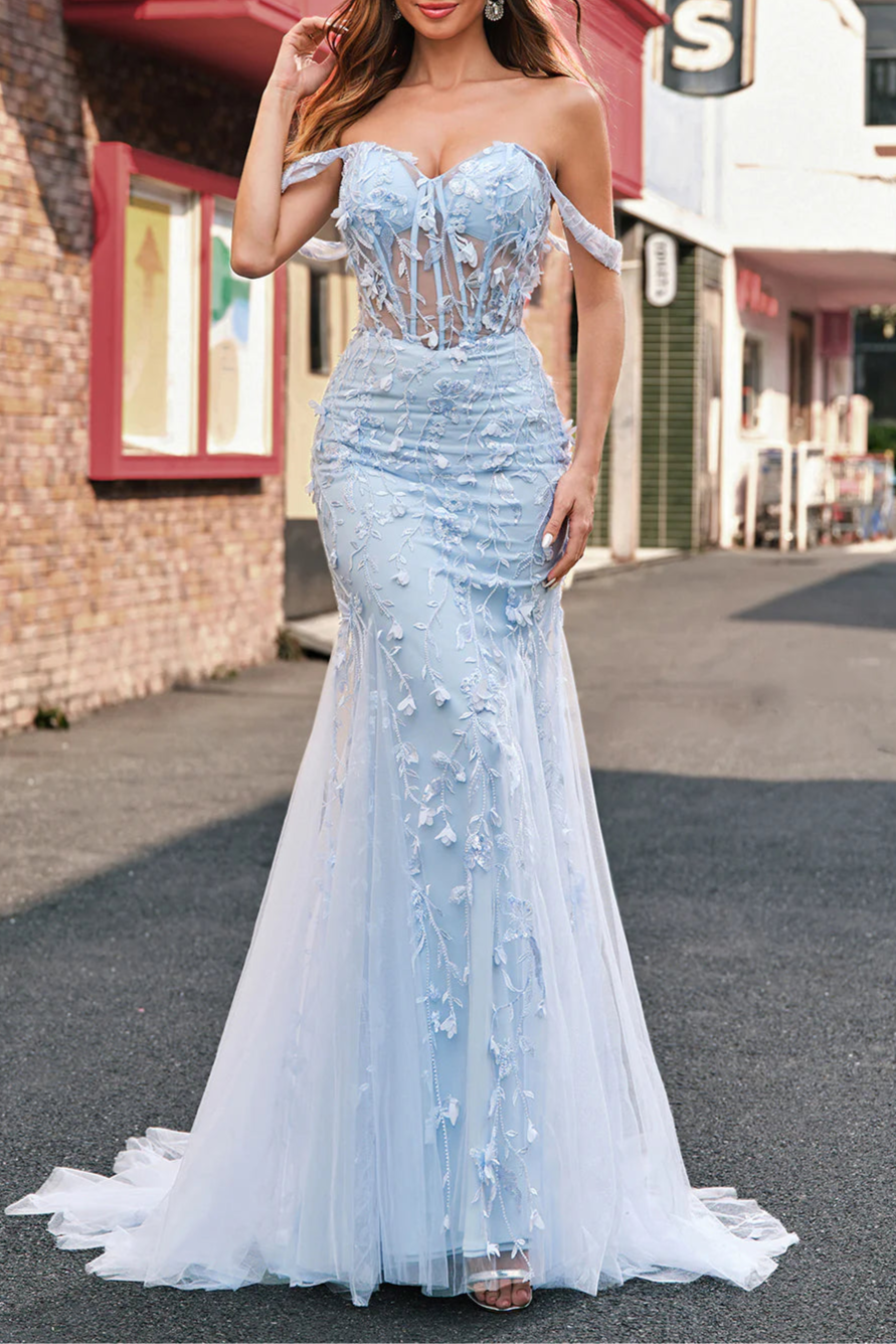 Blue Mermaid Sequins Applique Sweetheart Collar Off the Shoulder Corset Prom Dress