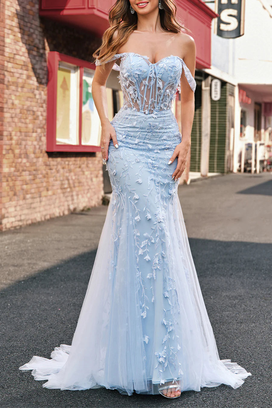 Blue Mermaid Sequins Applique Sweetheart Collar Off the Shoulder Corset Prom Dress