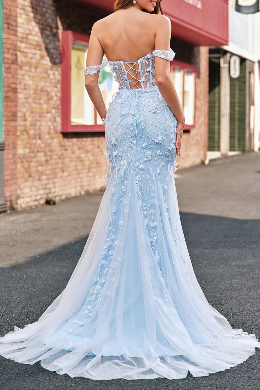 Blue Mermaid Sequins Applique Sweetheart Collar Off the Shoulder Corset Prom Dress