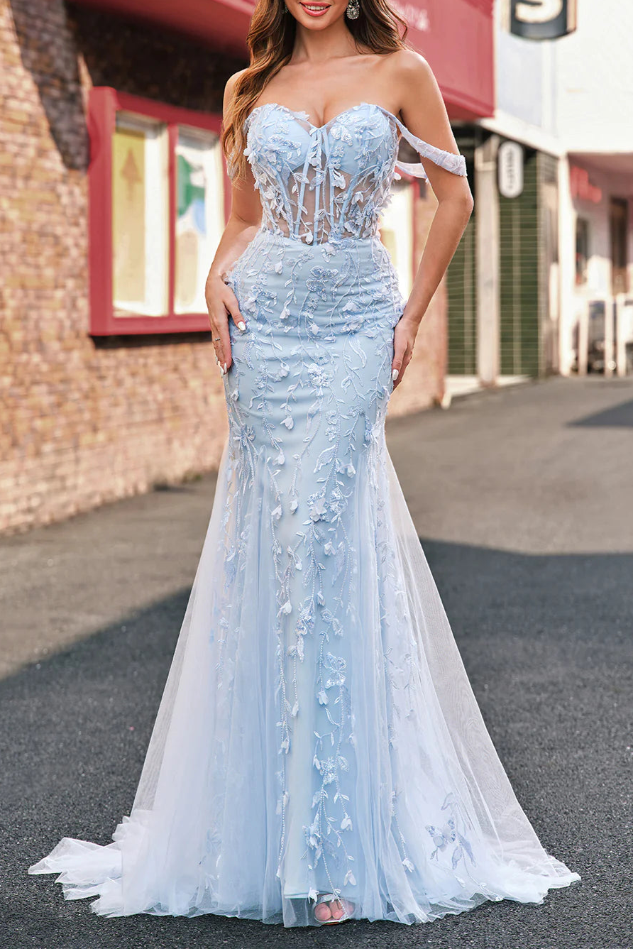 Blue Mermaid Sequins Applique Sweetheart Collar Off the Shoulder Corset Prom Dress