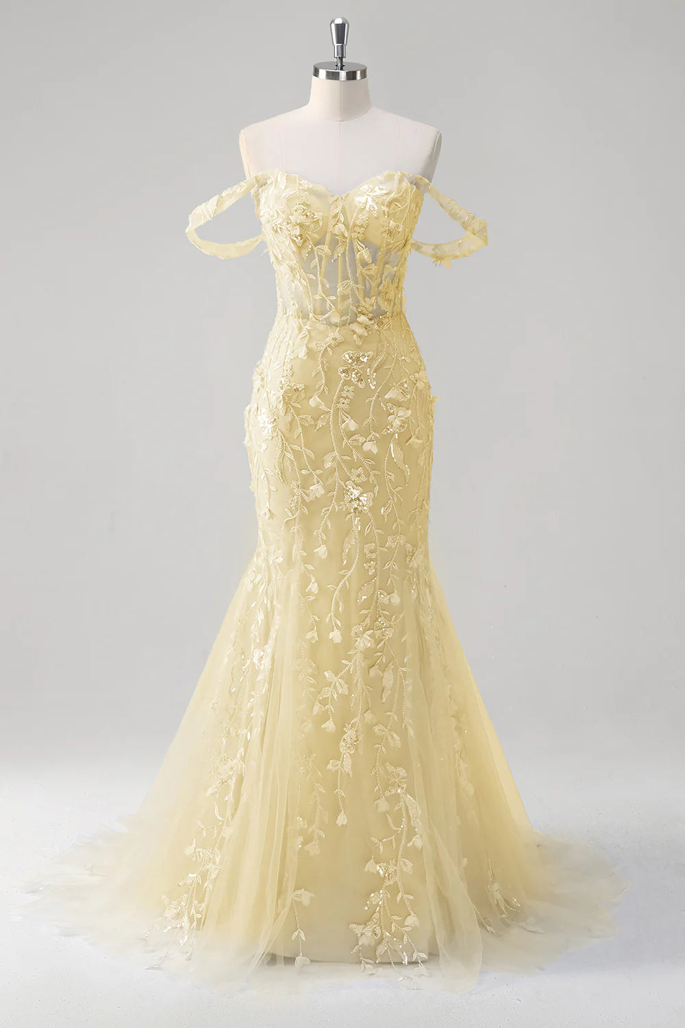 Blue Mermaid Sequins Applique Sweetheart Collar Off the Shoulder Corset Prom Dress