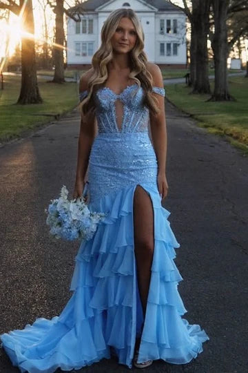 Ruffles A-Line Straps V-Neck Empire-Waist Prom Dress with Slit