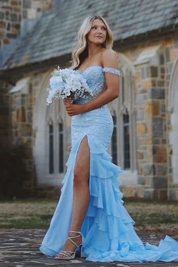 Blue Off-shoulder Ruffle Chiffon Glitter Applique Mermaid Slit Ball Gown
