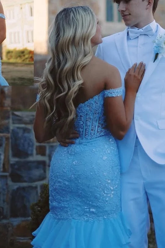 Blue Off-shoulder Ruffle Chiffon Glitter Applique Mermaid Slit Ball Gown