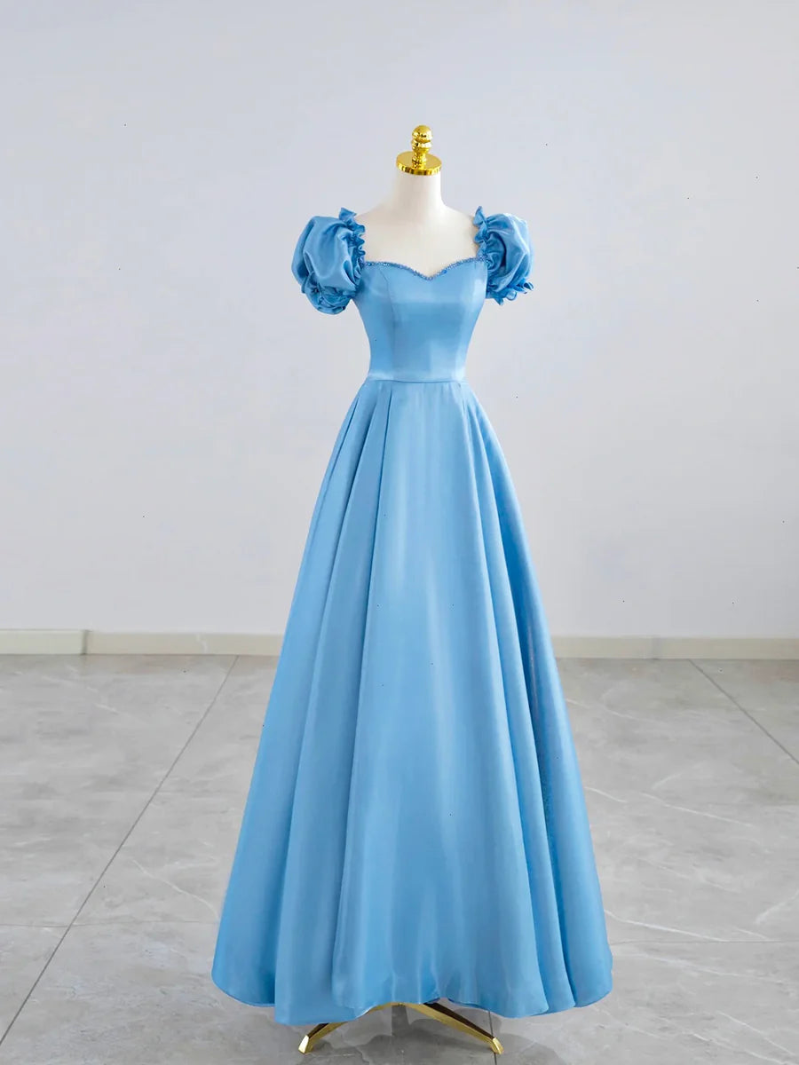 Blue Satin Beaded  A-Line Short Sleeve Floor Length Prom Dress Blue Hot Sale Dresses for Women