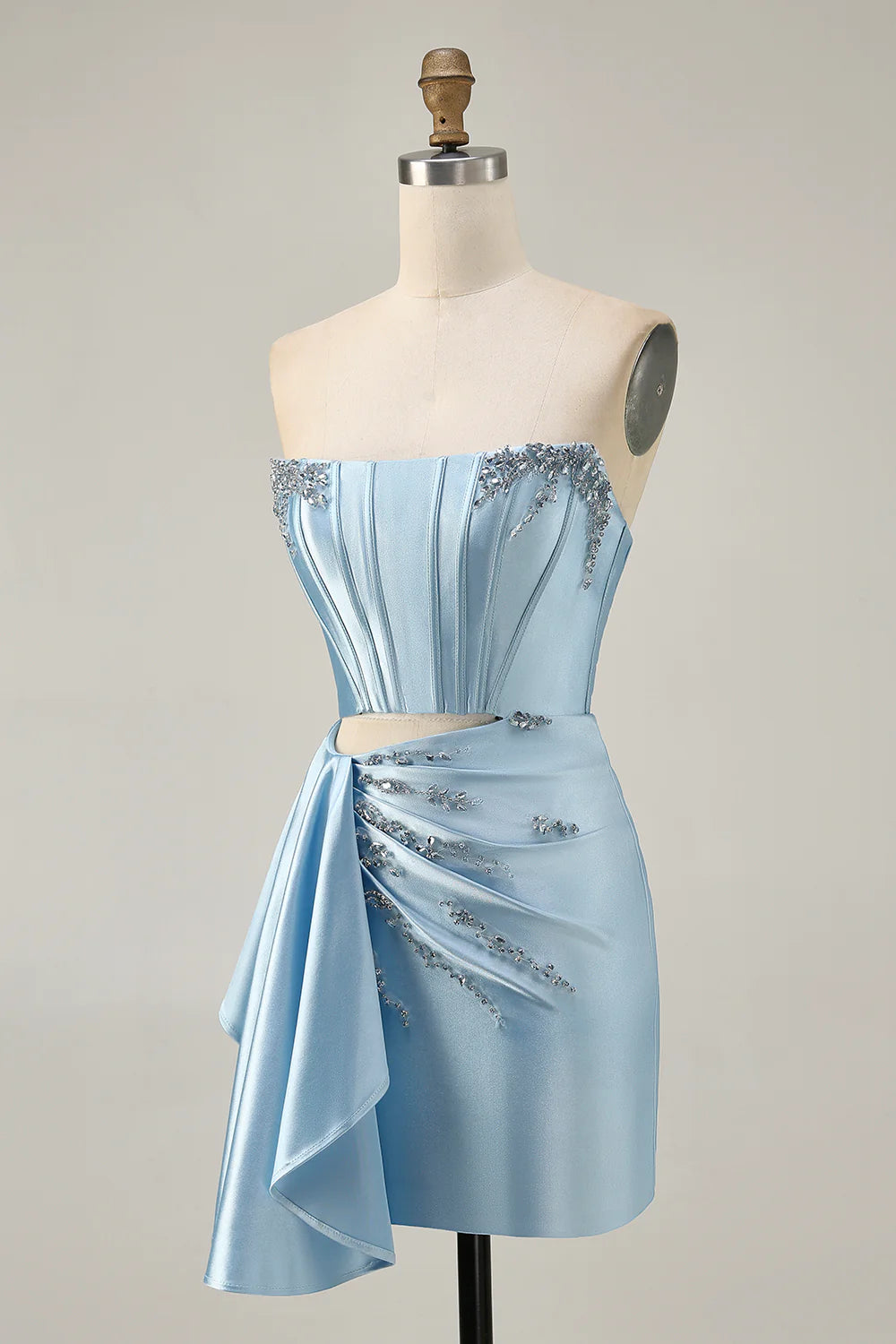 Blue Satin Beaded Corset Tight Cut Out Off the Shoulder Homecoming Dress With Streamer