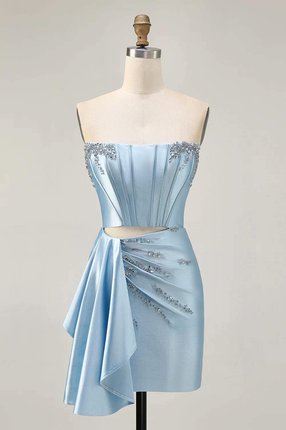 Blue Satin Beaded Corset Tight Cut Out Off the Shoulder Homecoming Dress With Streamer