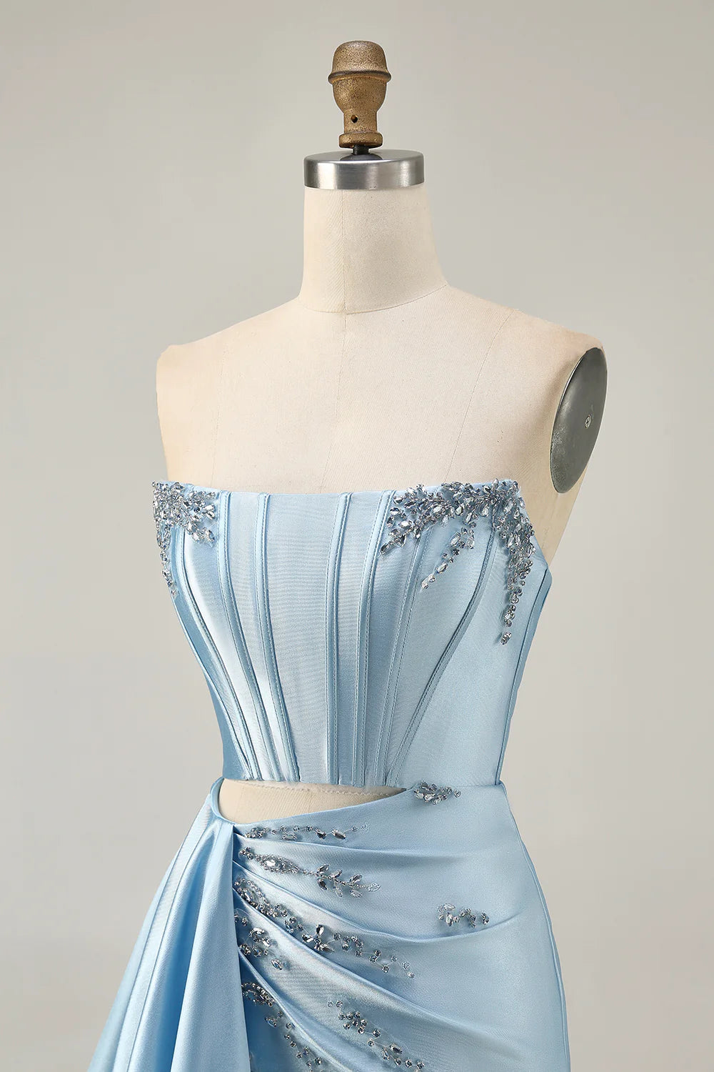 Blue Satin Beaded Corset Tight Cut Out Off the Shoulder Homecoming Dress With Streamer