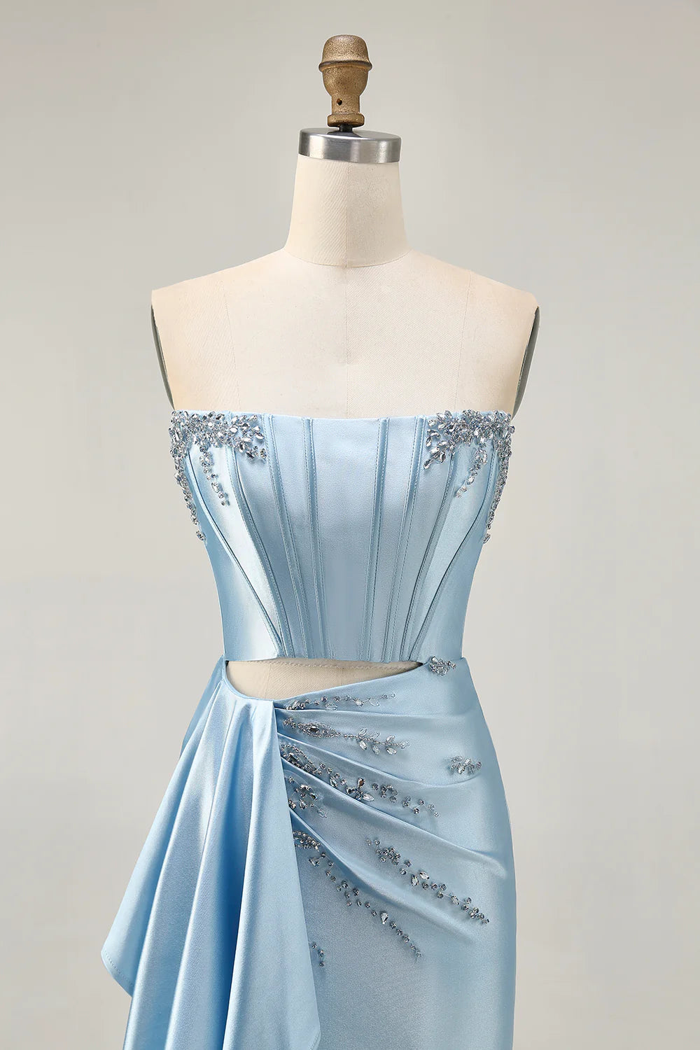 Blue Satin Beaded Corset Tight Cut Out Off the Shoulder Homecoming Dress With Streamer